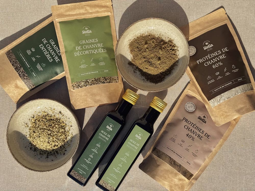 coffret découverte des 6 produits Stella Chanvre : huiles, protéines et graines cultivées en Alsace.